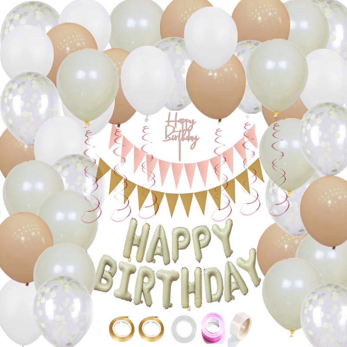 Joya Party® Compleet Beige Verjaardag versieringspakket | Beige, Gebroken wit & Witte Helium Ballonnen | Verjaardag Versiering | Happy Birthday Slingers | Ballon feestpakket | 53 stuks